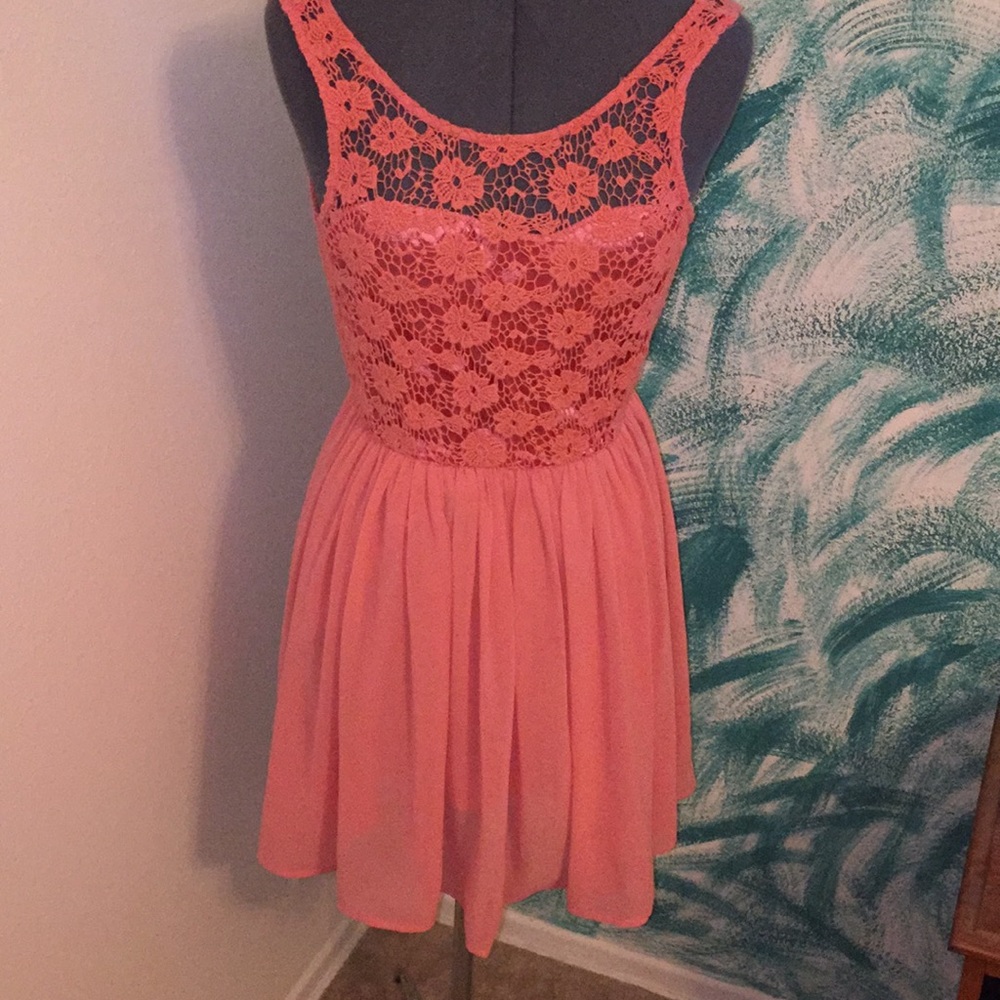 Coral Crochet and chiffon mini dress